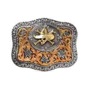 NEW CRUMRINE cowboy skull buckle belt in silver/brass